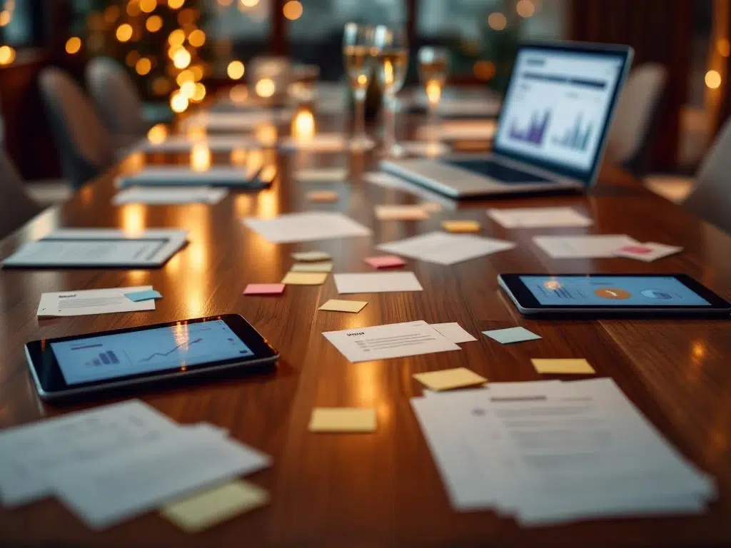Corporate conference table with scattered feedback forms, tablets showing surveys, and laptop displaying analytics after business event