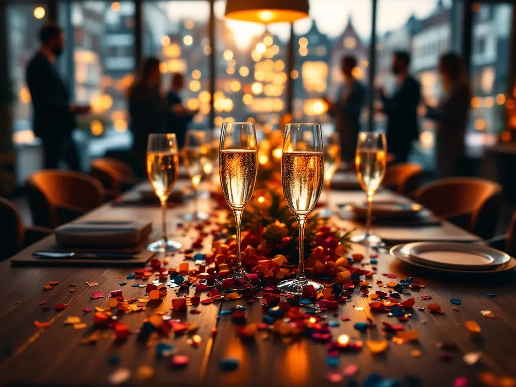 Elegante bedrijfsfeest met champagneglazen en confetti op conferentietafel, collega's vieren op achtergrond bij Amsterdamse grachten.