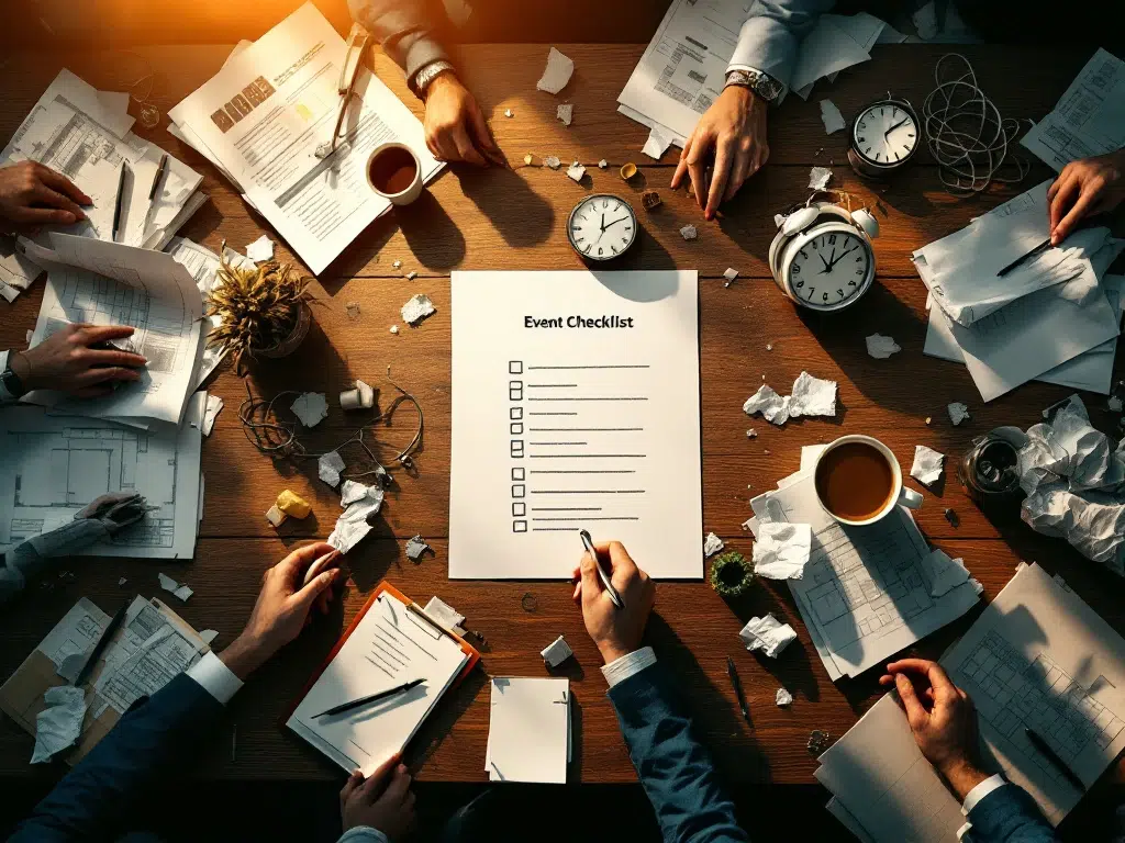 Event planning checklist on conference table surrounded by scattered budget sheets, overturned coffee cups, and venue plans