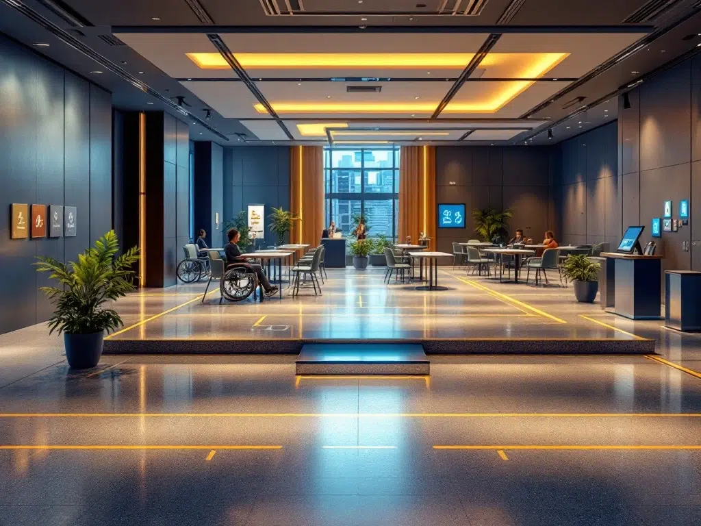 Modern accessible conference room with wheelchair-friendly tables, ramps, braille signage, and interpreter station in blue-gold decor.