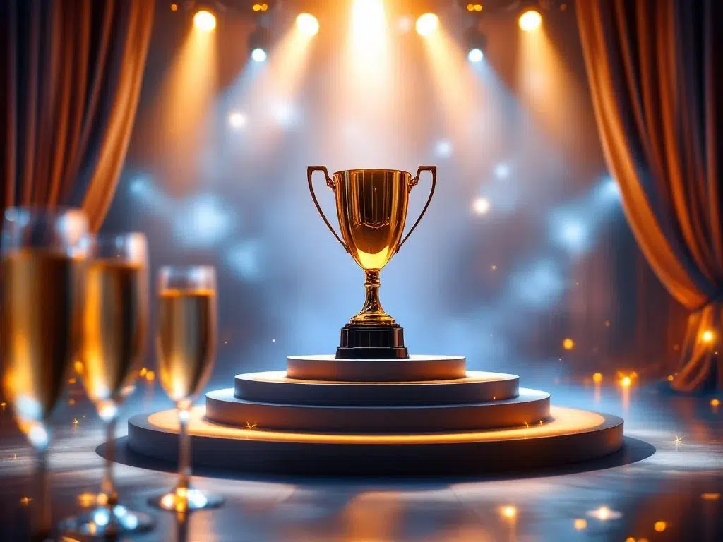 Gouden trofee op podium bij zakelijk awards-evenement met champagne en sfeerverlichting