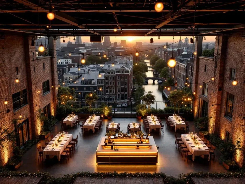 Bedrijfsevenement op industrieel pakhuis dak met feesttafels, bar en Amsterdamse grachten bij zonsondergang