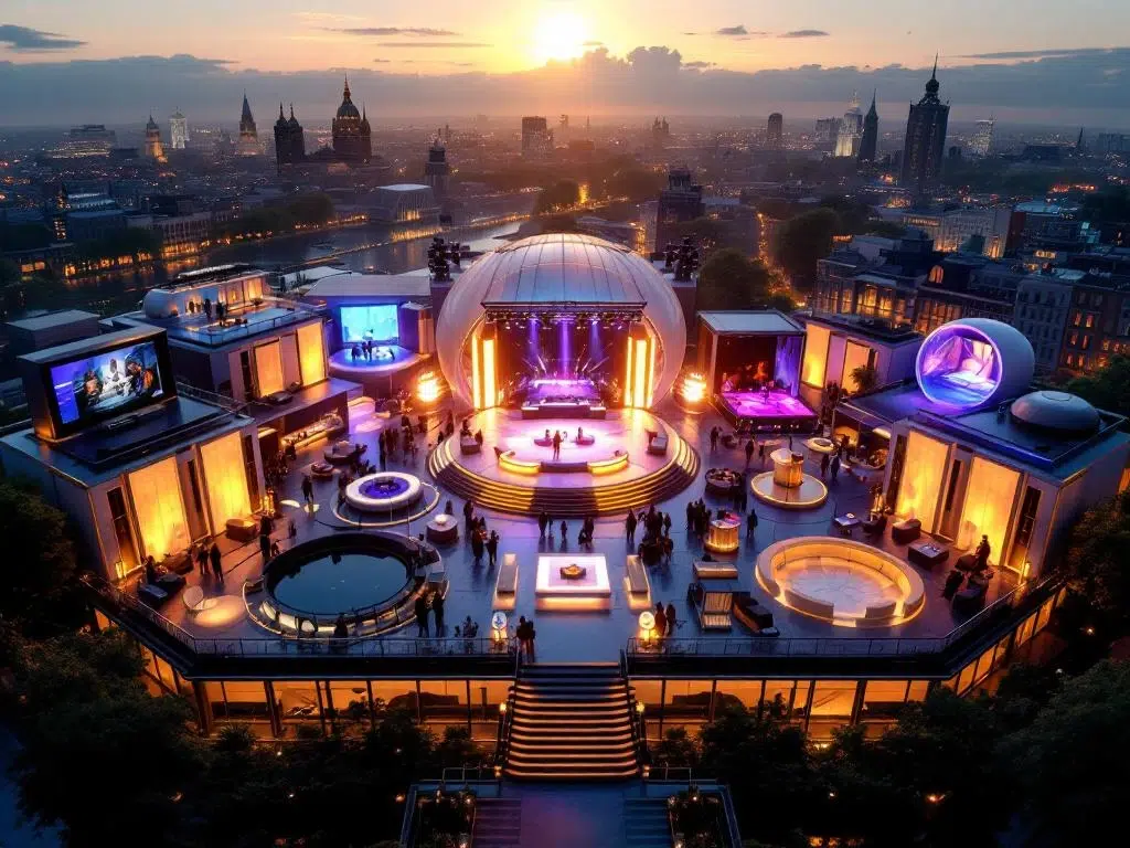 Luchtfoto van luxe Amsterdam evenementenlocatie met zes entertainmentzones voor productlancering tijdens gouden uur
