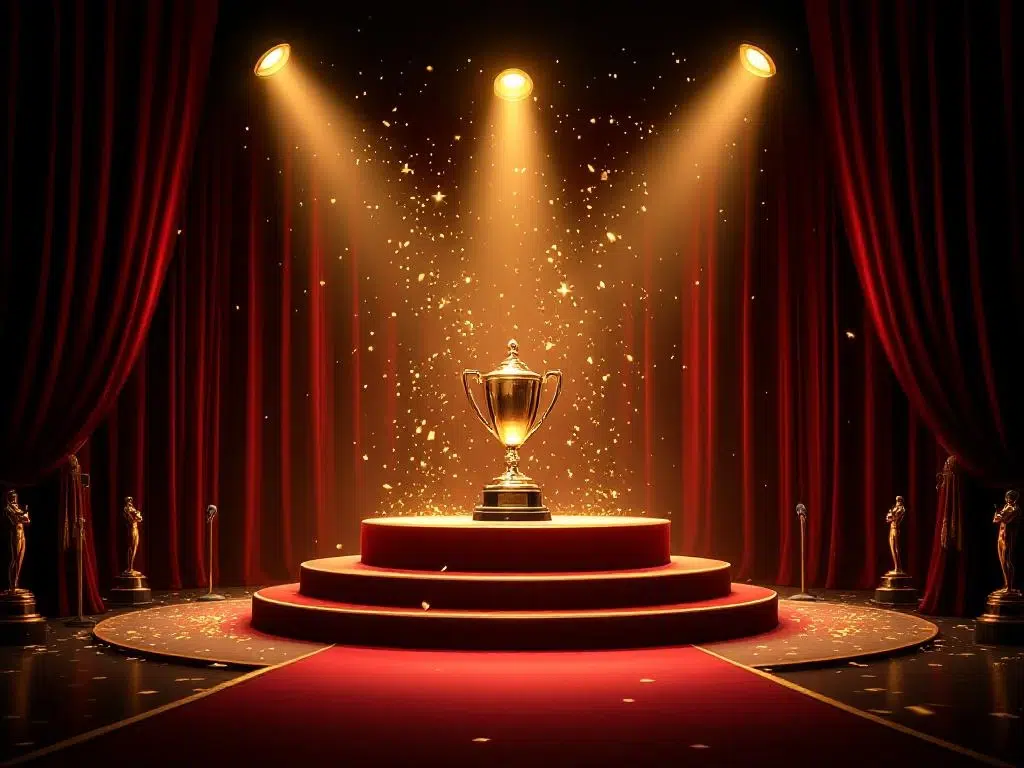 Luxurious award ceremony stage with golden spotlights, elegant podium, gleaming trophy, and red velvet curtains