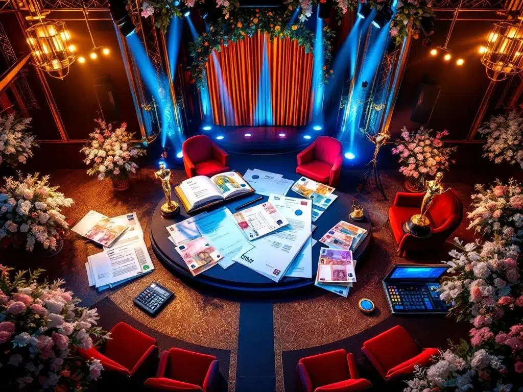 Overzicht van luxe awards ceremonie opstelling met gouden beeldjes, budgetdocumenten, rode stoelen en professionele verlichting