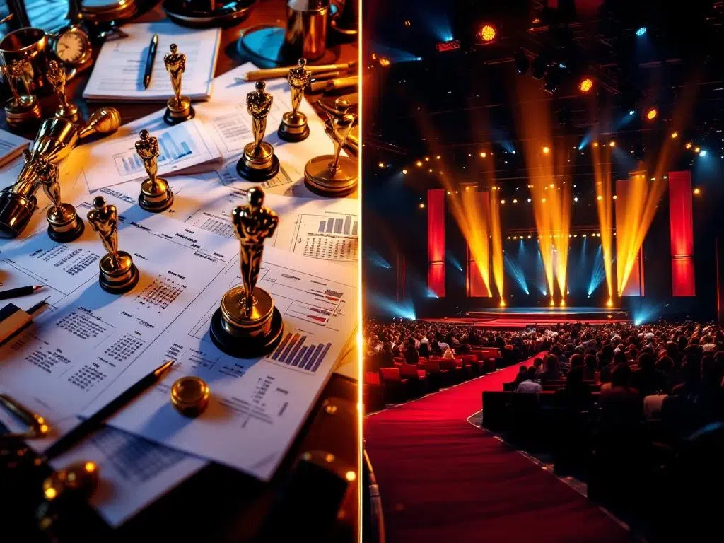 Split-screen showing award show planning workspace with timelines and statuettes on left, glamorous ceremony venue on right.