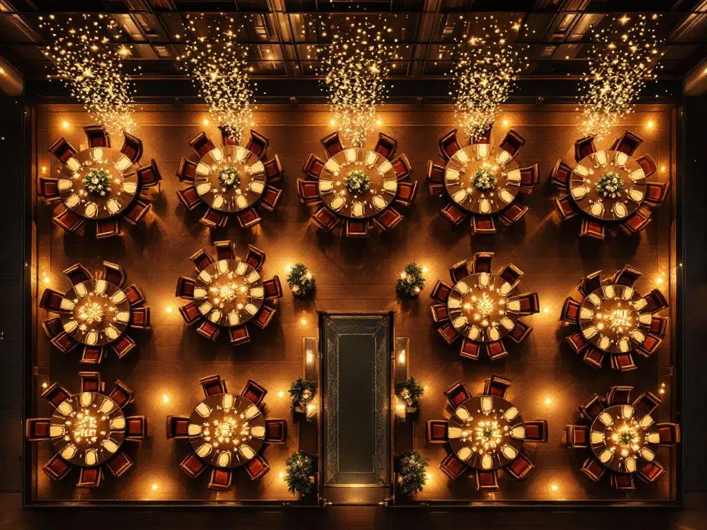 Elegant event venue floor plan showing circular table seating configurations with burgundy chairs and crystal centerpieces