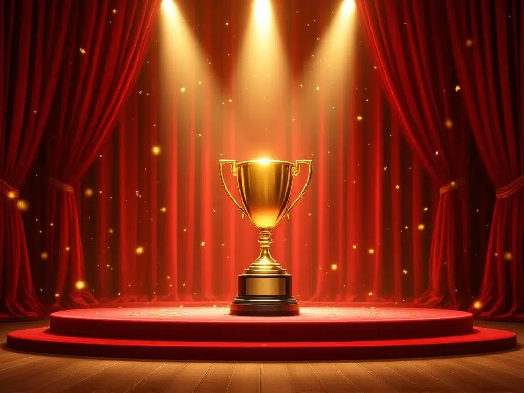 Gouden trofee op luxe rood fluwelen podium met dramatische spotlights en confetti in prestigieuze theaterzaal