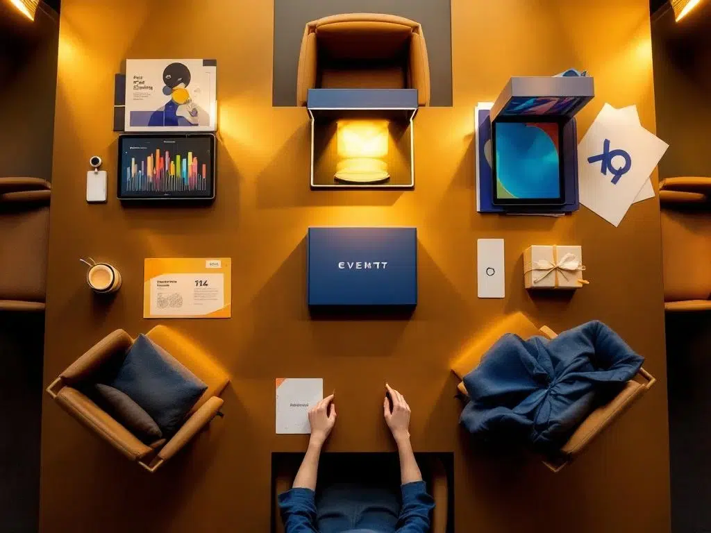 Moderne conferentietafel met zes creatieve productlancering elementen in Amsterdam kantooromgeving, gouden verlichting