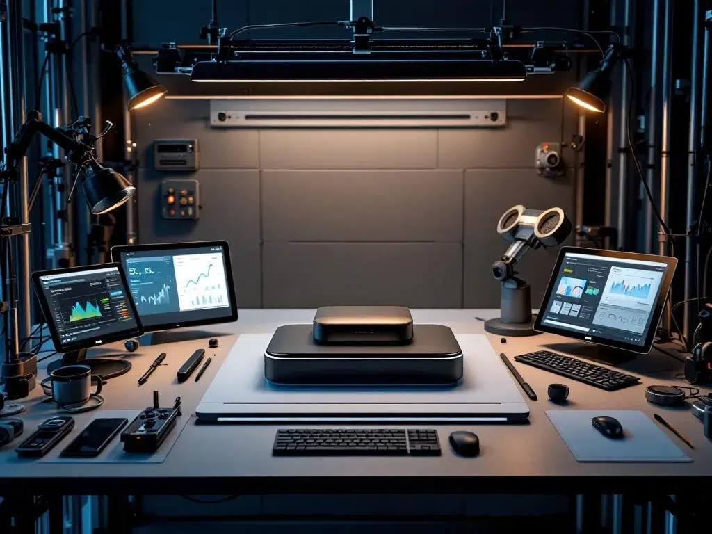 Product prototype op moderne testwerkplek met digitale tablets, meetinstrumenten en kwaliteitscontrole-apparatuur