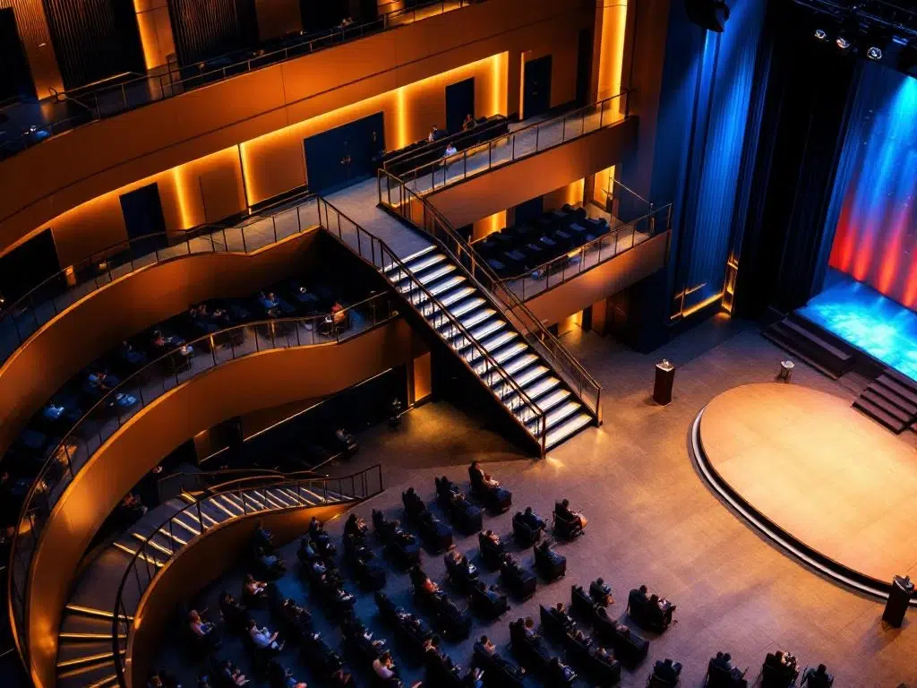 Aerial view of modern award ceremony venue featuring wheelchair ramps, sign language interpreter areas, and accessible seating