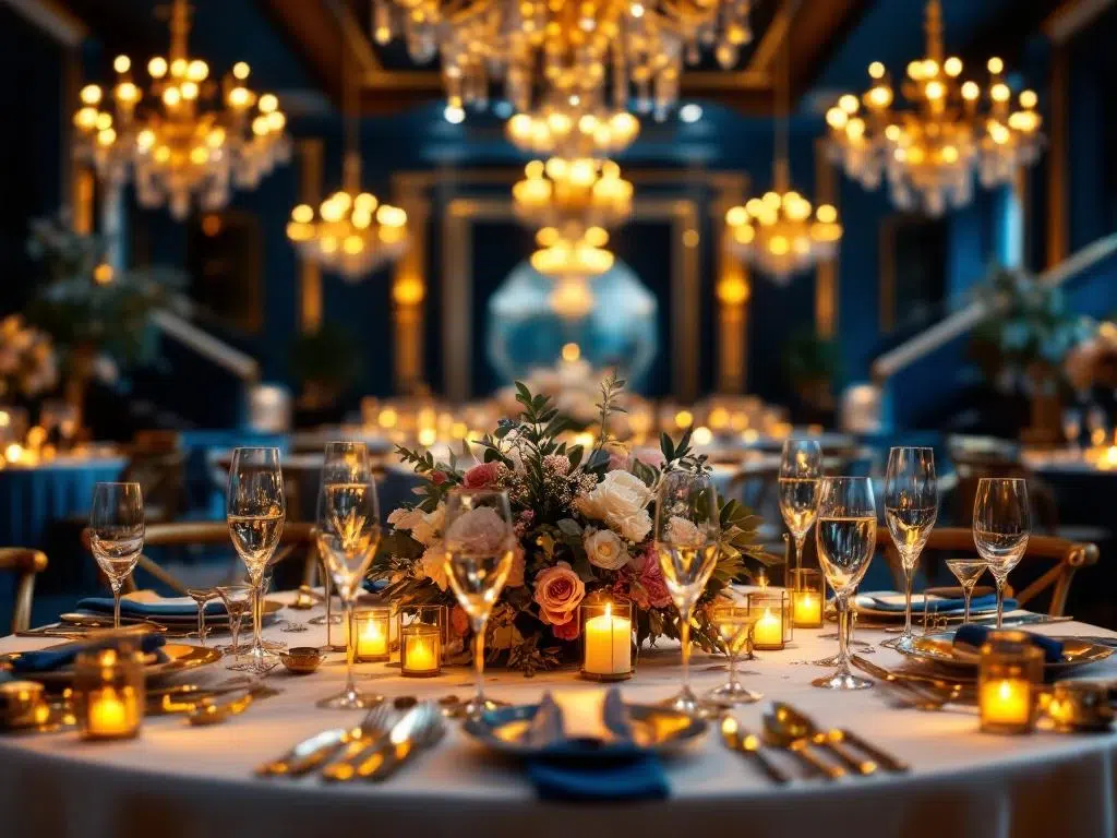 Luchtfoto van luxe jubileumfeest in Amsterdam met gouden decoraties, kristallen kroonluchters en champagne tafels