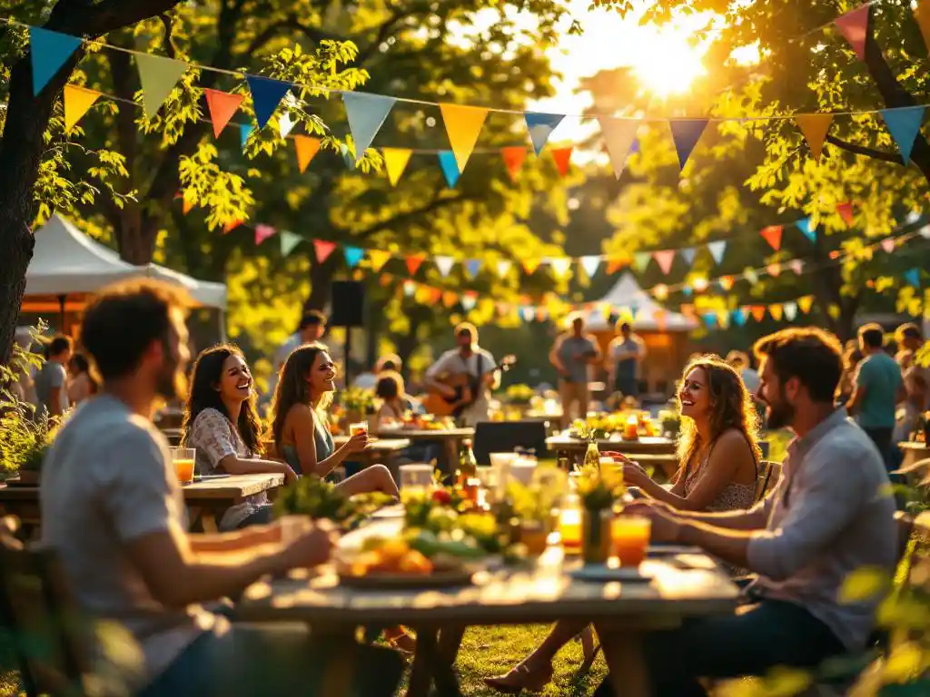 Medewerkers genieten van zomerfestival met kleurrijke vlaggetjes, picknickafels vol eten en drinken, akoestische band op houten podium