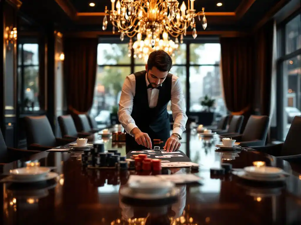Professionele evenementenplanner rangschikt casino chips en speelkaarten op mahonieholuten vergadertafel in Amsterdam kantoor