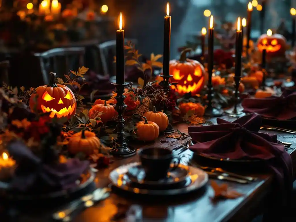 Elegante Halloween-dinnertafel met gesneden pompoenen als middenstukken, zwarte kaarsen tussen herfstbladeren en gotische plaats-instellingen