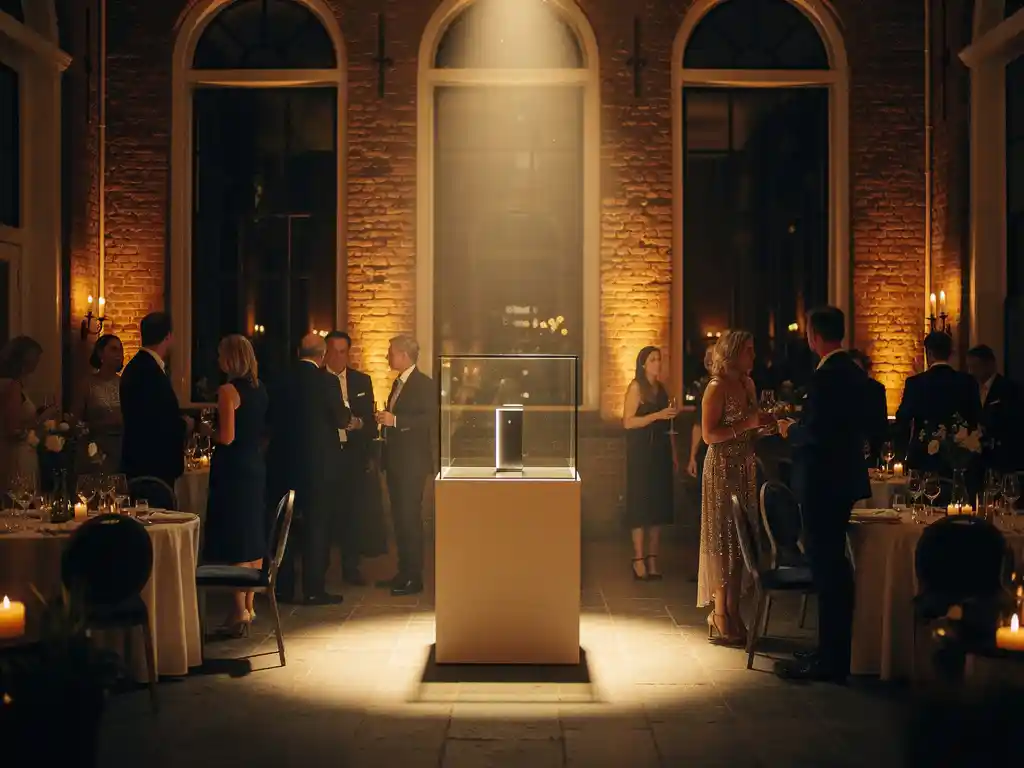 Elegante merkevenement in Amsterdams grachtenpand met gouden spotlights, stijlvol publiek rond productdisplay en bakstenen muren.