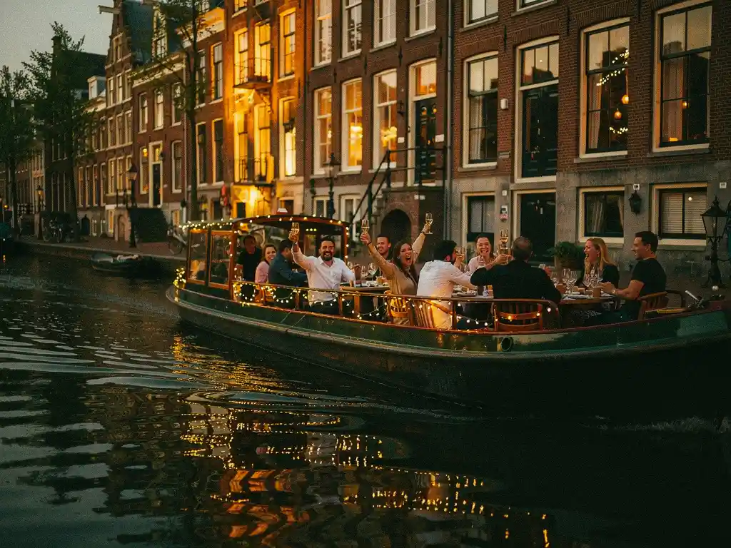 Collega's proosten op een feestelijk verlicht rondvaartboot langs gouden Amsterdamse grachtenpanden in de schemering.