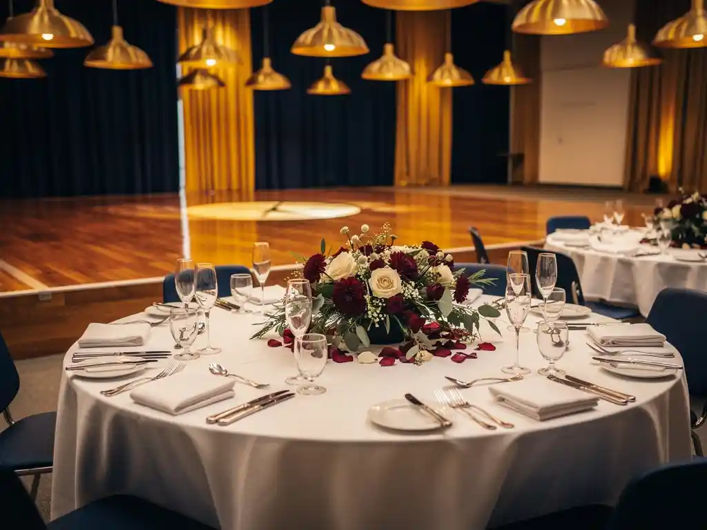 Elegant bedrijfsfeest in Alkmaar met ronde tafels, witte linnens, gouden sfeerverlichting en bordeauxrode bloemstukken.