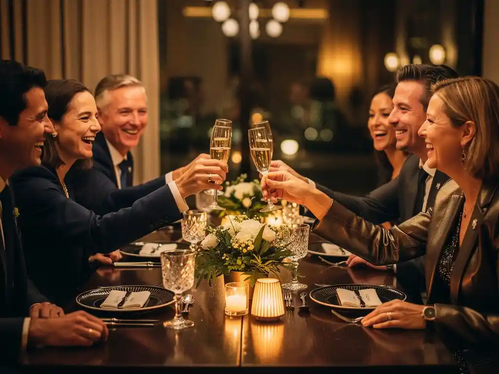 Collega's in avondkleding proosten met champagne aan een feestelijk gedekte tafel met kaarslicht en bloemen tijdens een bedrijfsfeest in Amsterdam.