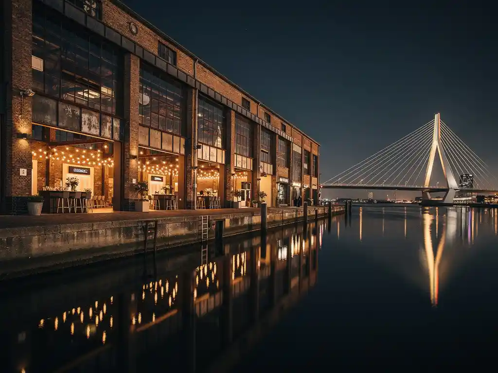 Industrieel pakhuis aan de Rotterdamse haven omgetoverd tot elegante evenementenlocatie, met gouden licht en Erasmusbrug in spiegelend water.