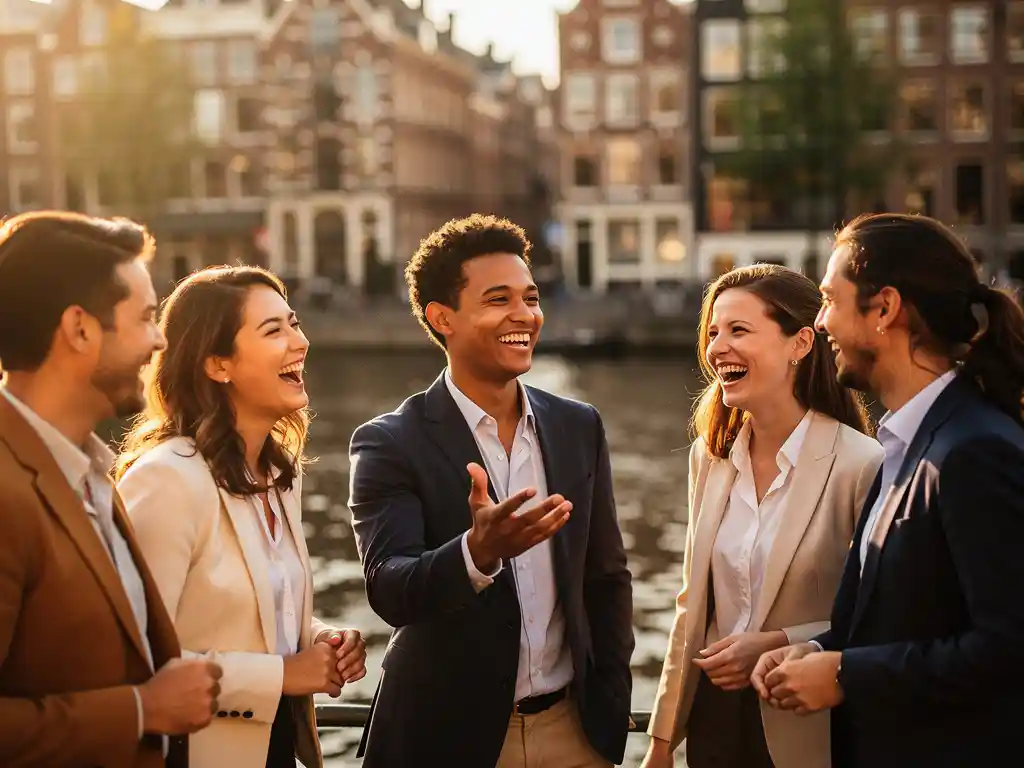 Lachende collega's in zakelijke kleding tijdens een teamactiviteit in Amsterdam, met grachten en grachtenpanden op de achtergrond.